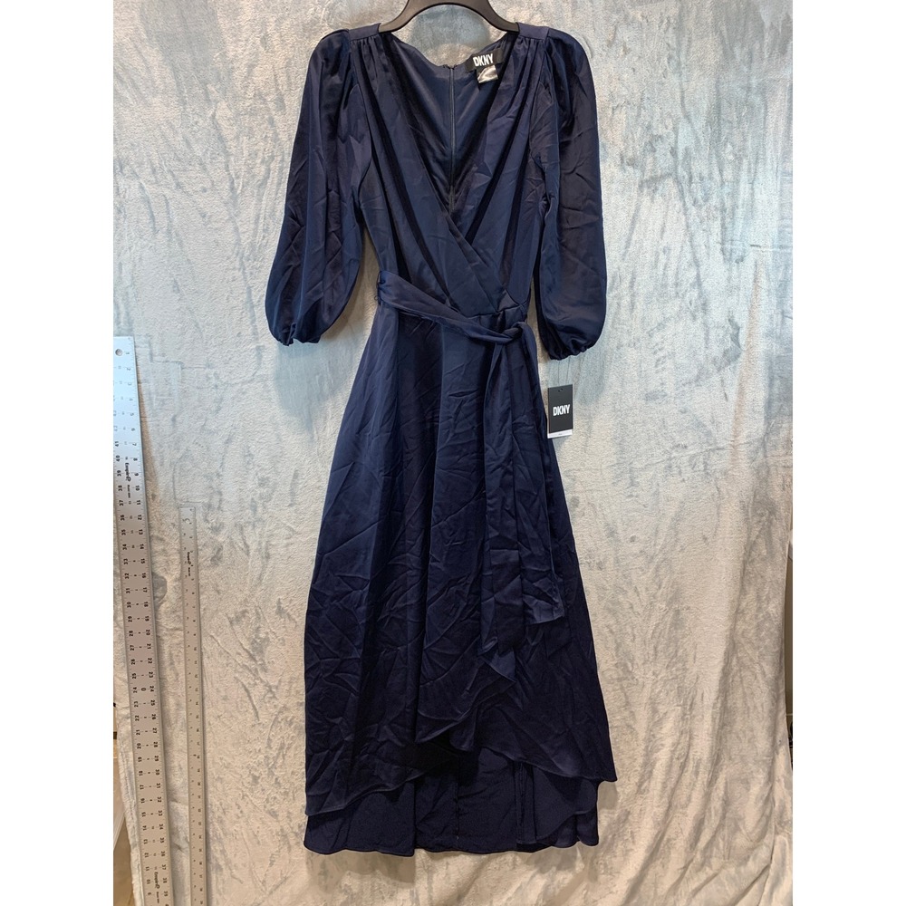 DKNY Womens Navy Blue Satin Faux Wrap High Low Midi Dress ED1K2570 Size 8 NWT